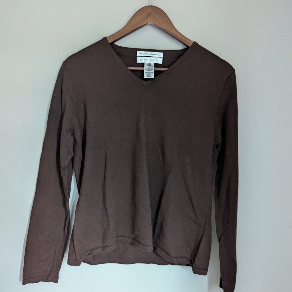 Classic Brown V-Neck Long Sleeve Top Fine Merino Wool 100% Italian